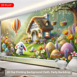2D Flat, 1pc Extra Large Easter Party Decoration Banner - Happy Easter Cottage Scene with Bunny, Floral Eggs - Giant 71x157 Inches (180x400cm) Outdoor/Indoor Backdrop for Easter, Birthday, Wedding, Garden - No Electricity Needed, Lightweight