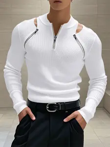 INCERUN Men's Fashion Simple Solid Color Knitted Hollow Out Zipper Long Sleeve T-Shirt, Comfortable and Stylish, Suitable For Daily Wear