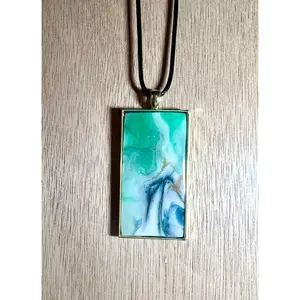 Green, Blue, and Gold Large Rectangle Resin Pendant Necklace