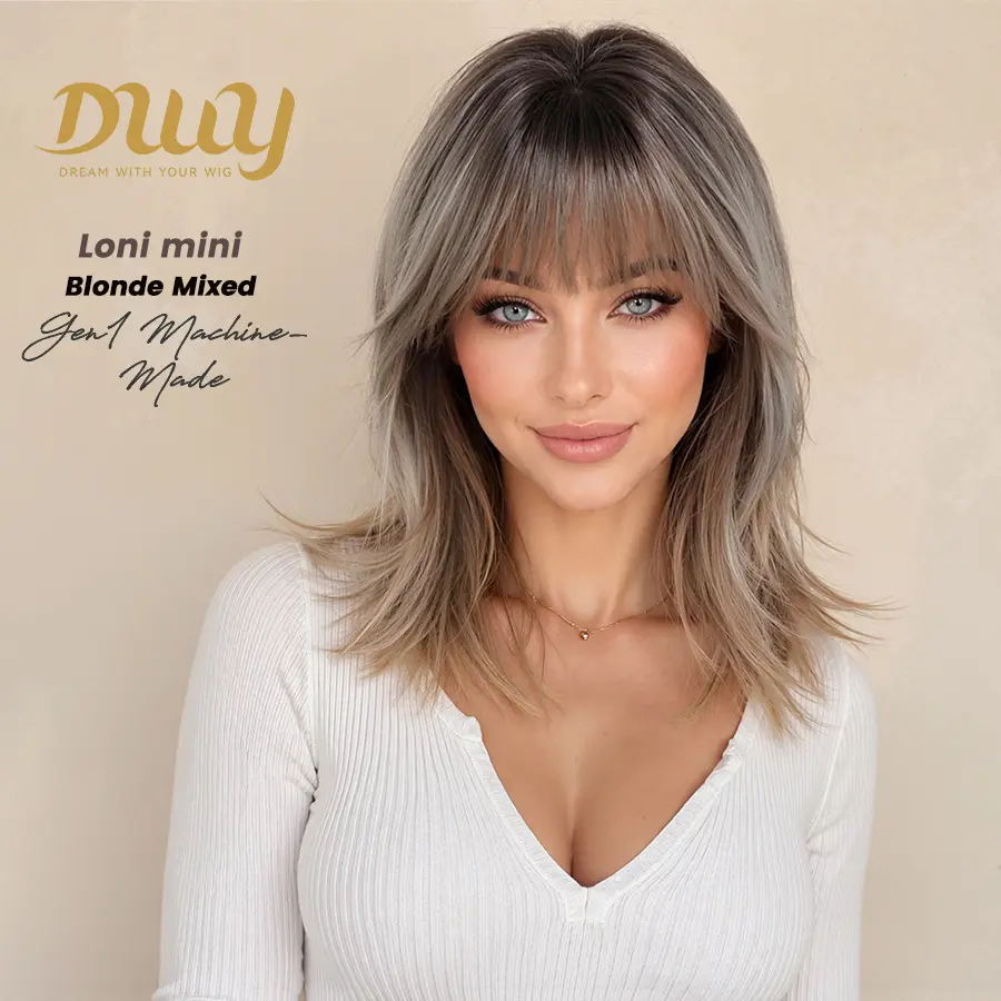 【HOT】Loni Mini - NEW! DWY 16-Inch Short Layer-cut Glueless Synthetic Wig with Bangs for Women High-Quality Premium Fiber Easy Wear Comfortable Fit Blonde Colored Wig