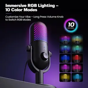 USB Microphone for PC Gaming Condenser Mic with RGB Lighting Quick Mute Noise Reduction for Podcasting Streaming Gaming Black 10 Color Modes Professional Sound with Noise Reduction Monitoring & Reverb