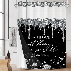 1PC 2D Flat Luxury Glitter Diamond Bible Shower Curtain, Inspirational Quote Design, Waterproof & Detachable Liner, Bathroom Curtain (No Hooks)