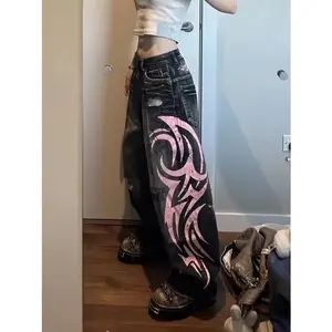 Y2K Vintage Mottled Totem Print Baggy Jeans Women's High Waist Wide Leg Jeans Washed Distressed Vintage Hip-hop Jeans
