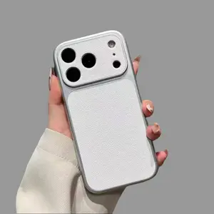 Faux Leather Texture Phone Case - Electroplated Silver Frame Shockproof Cover for iPhone 17/16 Plus/12-15 Pro Max|     Premium Grip & Style