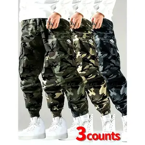 3-Pack Men's All-Season Casual Cargo Pants - Camouflage Design, Elastic Waistband Multiple Pockets Breathable Polyester Pants