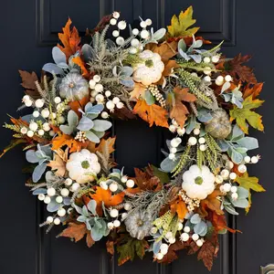 Halloween Fall Pumpkin Wreath Front Door Decor 17.72 Inch Farmhouse Autumn Wreath with Maple Leaves Roses Pumpkins Berries Ornaments for Decoration