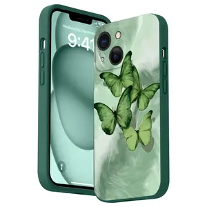 Textured Green Butterfly Pattern Straight Edge Phone Case for iPhone 16 15 14 Pro Max 13 12 11 XR XS Plus Shockproof Full Camera Protective Durable slim Silicone Cover Cellphone Protective