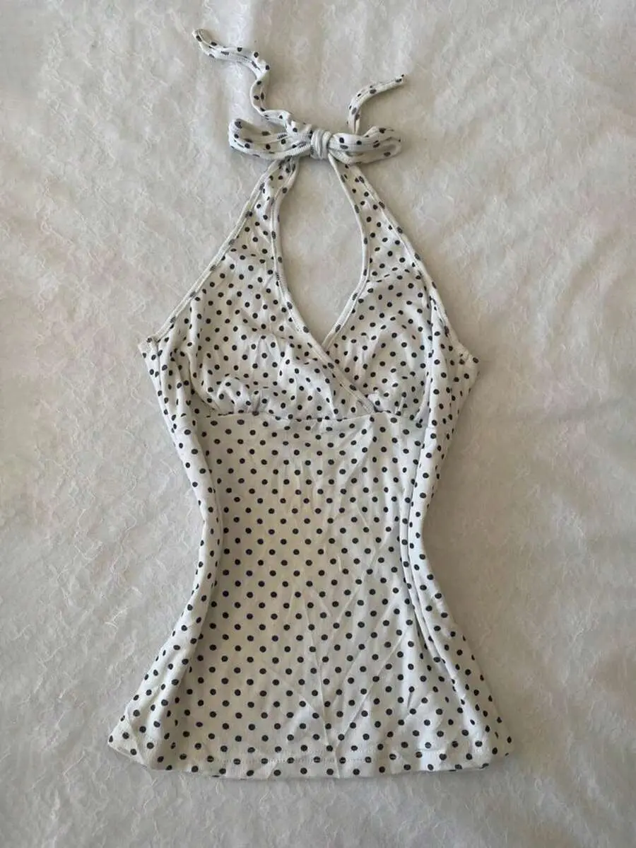 Women's Digital Print Halter Neck Tie Back Tank Top With Polka Dot Print, Suitable For Dates And Music Festivals