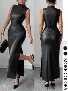Women's Casual Sleeveless Leather PU Back Bow Side Slit Dress, Date Night Dress, Stylish Summer Fashion, Comfortable and Elegant Design, Minimalist