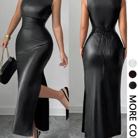 Women's Casual Sleeveless Leather PU Back Bow Side Slit Dress, Date Night Dress, Stylish Summer Fashion, Comfortable and Elegant Design, Minimalist, Date Night Outfit