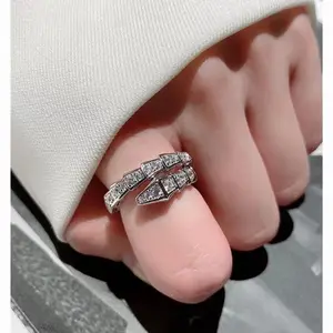Intertwined Dual Snake Head Cubic Zirconia Open Ring, Micro Pave Diamond Adjustable Wrap Design Luxury Jewelry