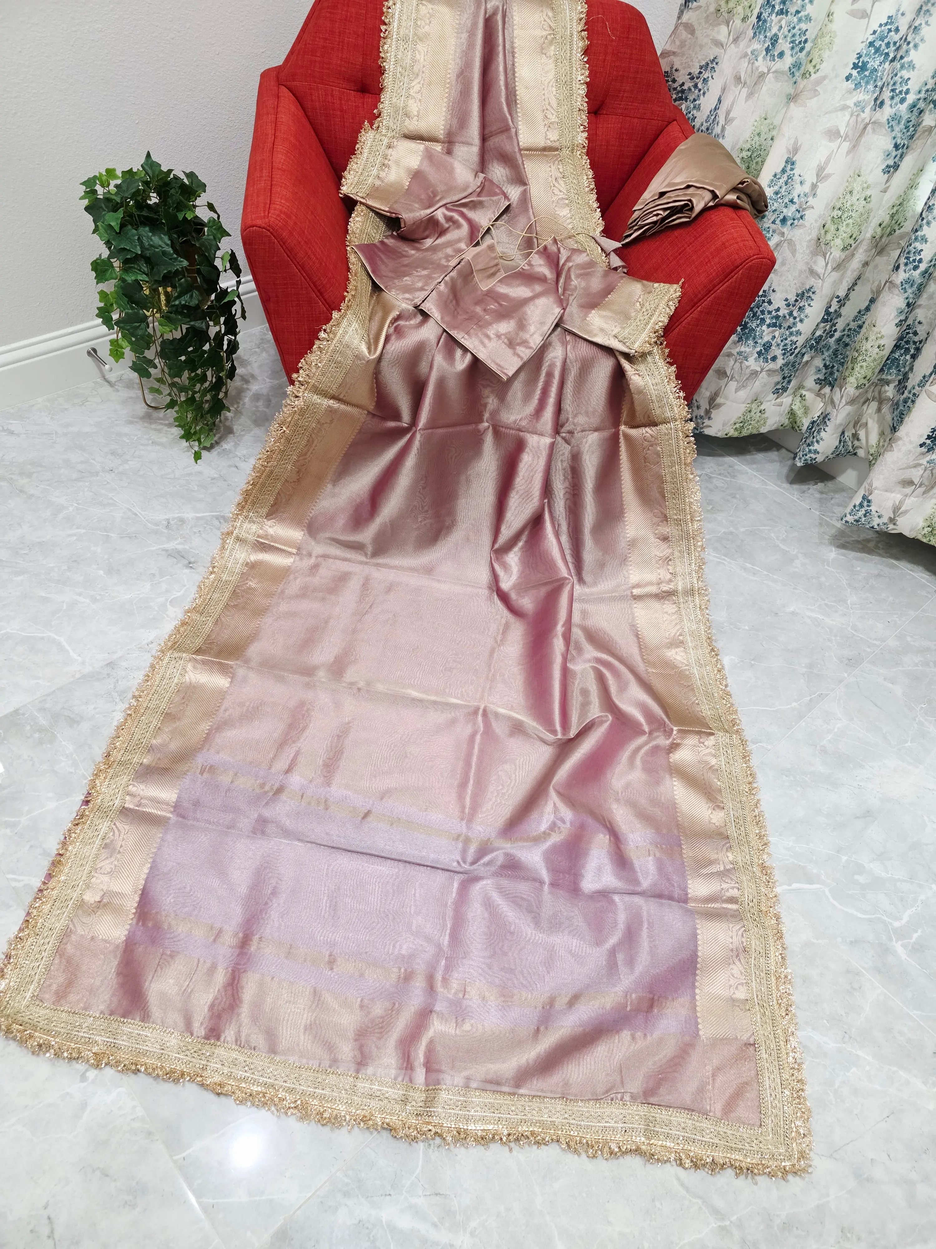 Maharani Style Dusty Rose Pink Semi Tissue Saree with Stitched Blouse & Satin Petticoat