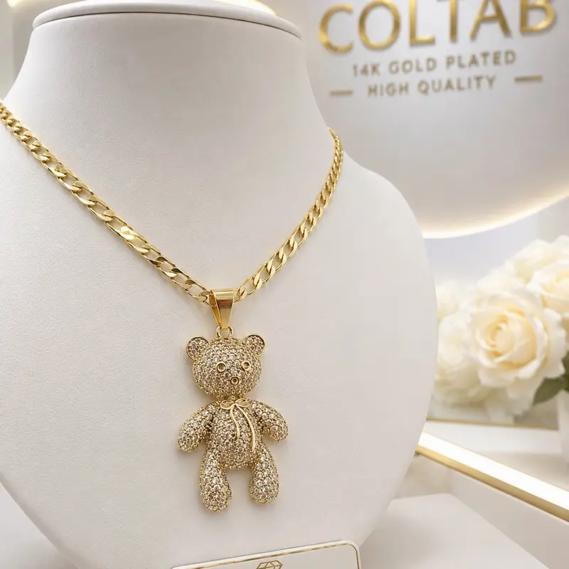 14K Gold Plated Rhinestone Teddy Bear Pendant with 20in or 22in Cuban Chain