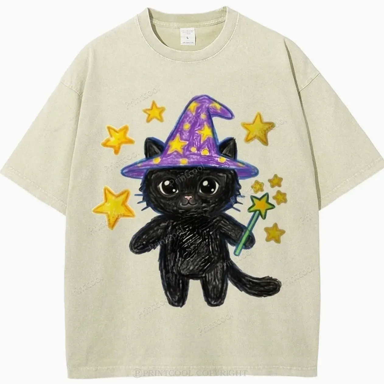 Cute Magical Wizard Cat with Wand Unisex Vintage Tshirt Tee , Unisex shirt, Shirt for Her, For Women, For Man