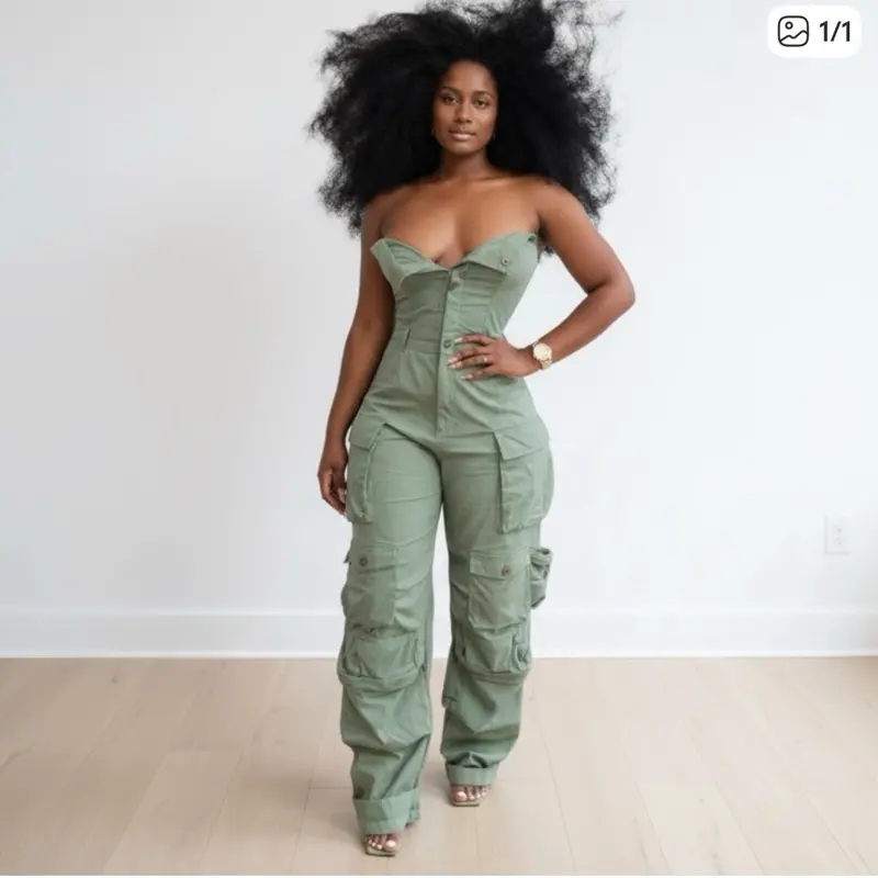 Cargo Jumpsuit - Strapless, Fitted, Long Sleeve, Casual Style, Suitable for All Seasons, Ideal for Summer Wear