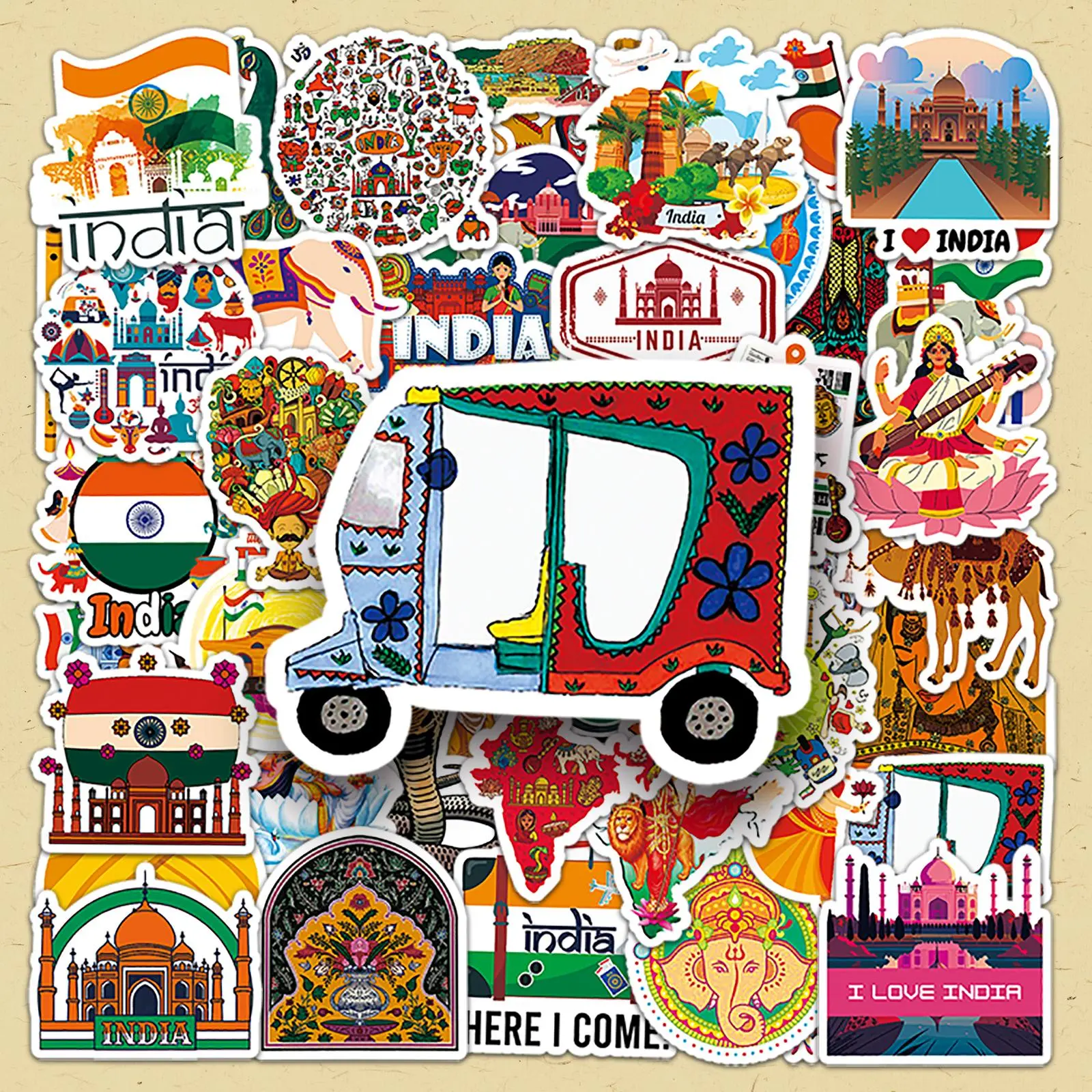 India Themed Sticker, Scrapbook Stickers, 100pcs/set Creative DIY Decorative Sticker, DIY Decals for Scrapbooking, Journaling, Gift Wrapping, Greeting Cards