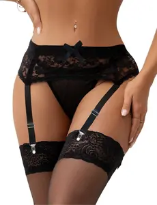 Women Floral Lace Garter Belt Plus Size Mesh Suspender Belt Set with 4 Straps Metal Clip for Thigh Highs (No Stockings)
