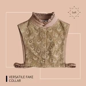 Women's Gold Ruffled Stand-Collar Lace Fake Collar: Suitable for Daily Street Wear, Gown Layering & Office Commuting, Versatile & Textured