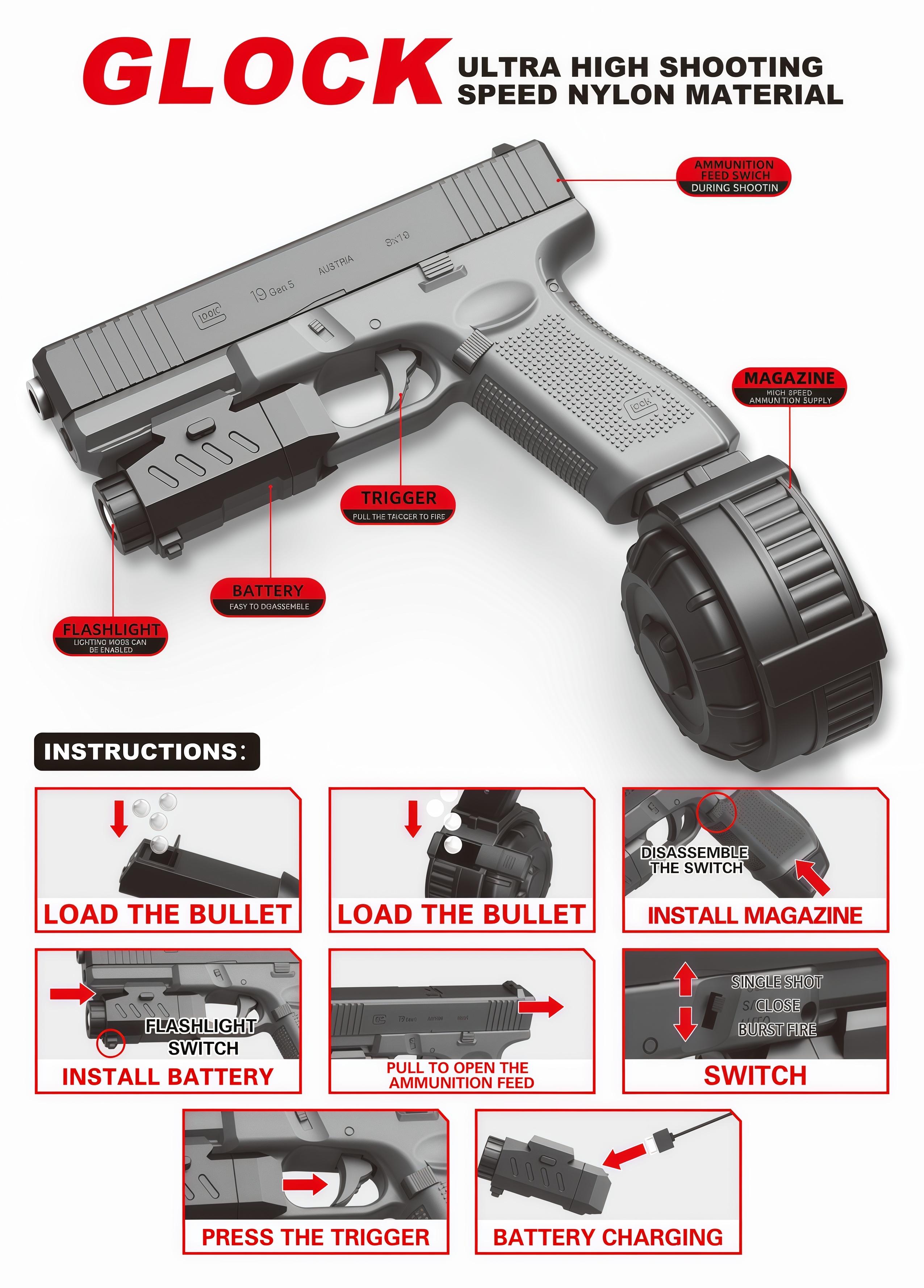 Electric Gel Ball Blaster Toy,with a non-removable orange muzzle,comes with safety goggles