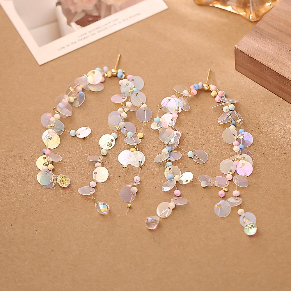 Dangle Earrings for Women, Holographic Sequin Tassel with Pastel Matte Mini Beads & Teardrop Crystal Pendants, Boho Lightweight Jewelry for Picnic Aesthetic Shooting, Beach, 1 Pair, Drop Earrings, Female, Invisible, Shimmer Brightly Under Sunlight, Thin I