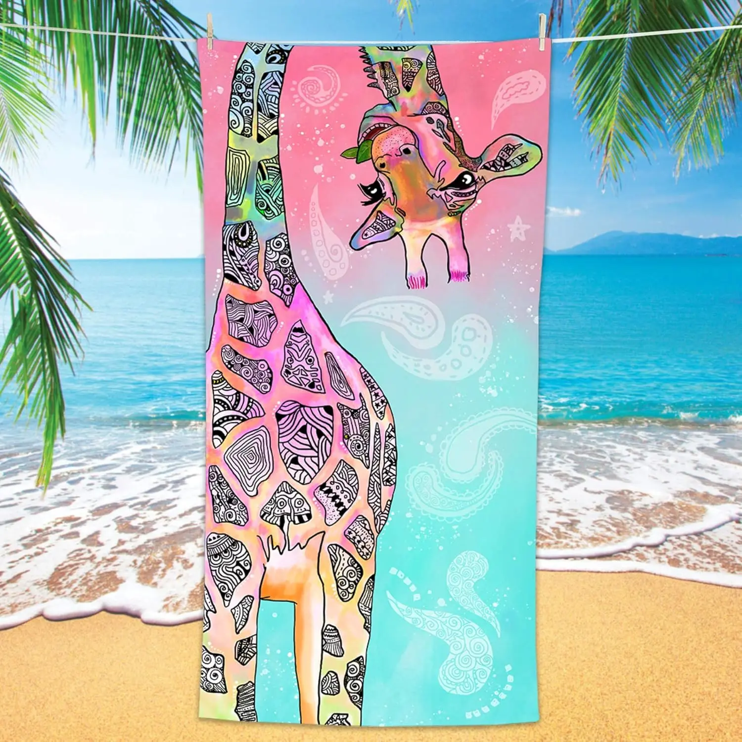 Bonsai Tree Giraffe Beach Towel, Cute Funny Teal Pink Mandala Giraffe Microfiber Bath Towel Gifts for Kids Women, Colorful Abstract Trippy Sand Free Quick Dry Travel Towels for Yoga Sports 30" x 60"
