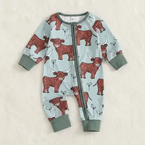 Global  Baby Girl Boy Western Romper Cattle Print Round Neck Long Sleeve Zip-Up Full Length Jumpsuit for Fall Unisex Baby Bamboo With Zipper