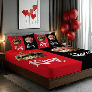 Valentine's Day King and Queen Theme Design Pattern 3D Super Soft Velvet Digital Print Pillowcase and Bed Sheet Set 1 Bed Sheet + 1/2 Pillowcase Coreless Fabric Soft Comfortable Skin-Friendly Suitable for Bedroom, Guest Room, Hotel, Inn, School Dormitory