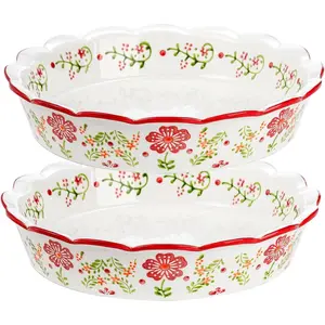 2 Pack Ceramic Pie Plate for Baking with Fluted Rim, 9 Inch Round Pie Dish Colorful Floral Pies Pan Deep Quiche Baking Dish for Dessert, Pies, Quiche, Dishwasher and Microwave Oven Safe