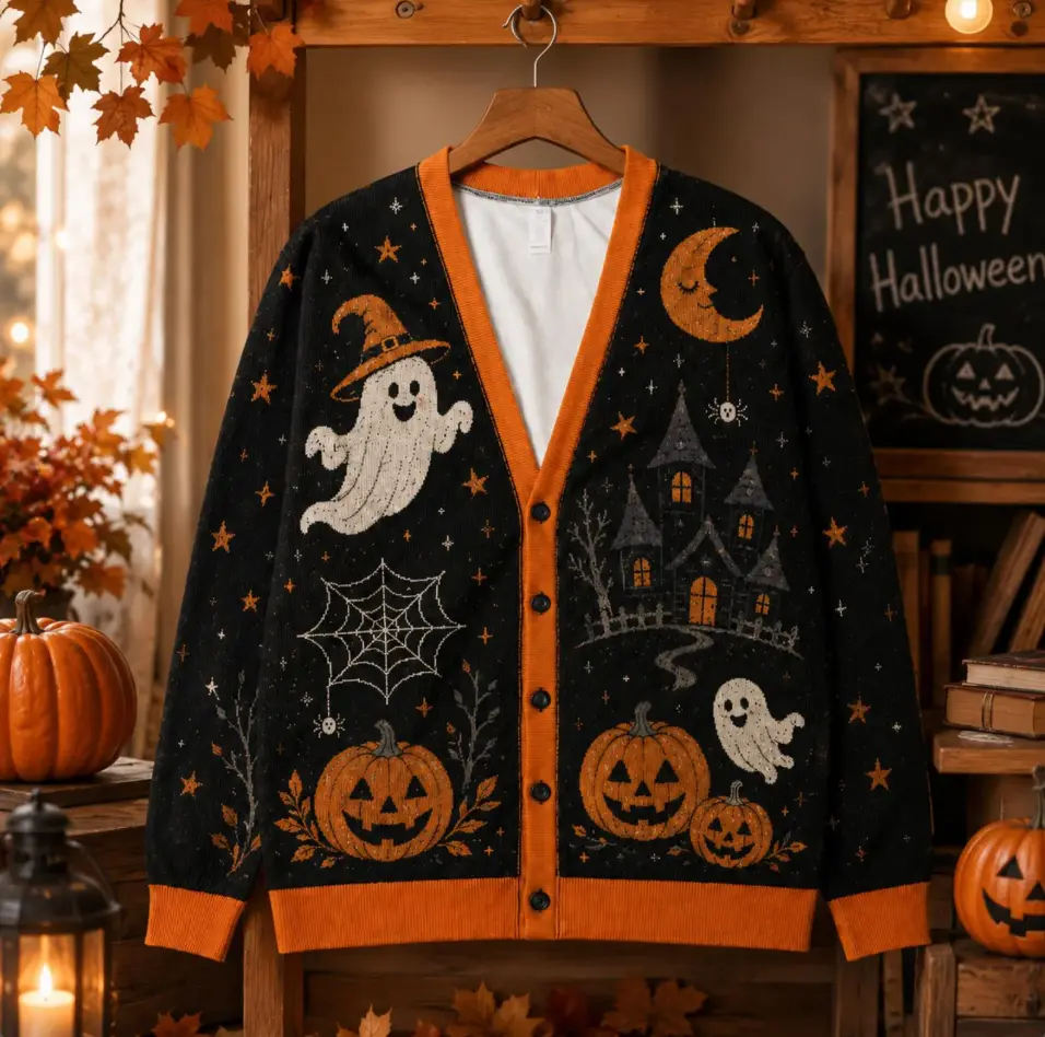 Halloween Ghost Pumpkin Cardigan, Spooky Haunted House Knit Sweater, Gothic Halloween Cardigan, Ghost Cardigan
