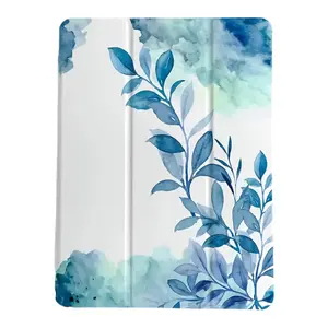 Tri-Fold Blue Flower Design Acrylic Protective Casing for iPad 9 (2021) - Standable Tablet Cover with Pencil Holder, Transparent Anti-Drop Shockproof Shell, Compatible with 10.2"/12.9" 3rd Gen, 11th A16 & M3 Models