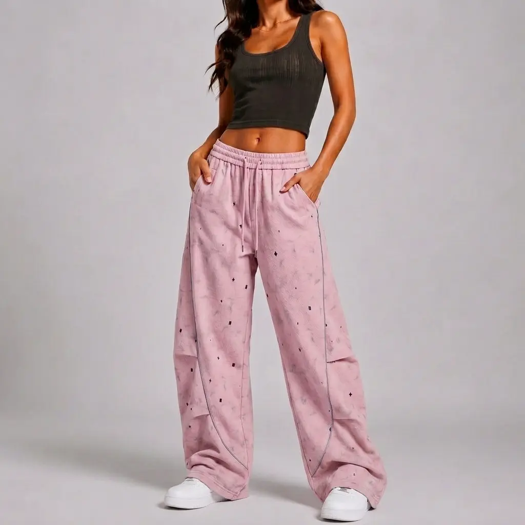 Women’s Y2K Pink Washed Baggy Barrel-Leg Sweatpants – Oversized Streetwear Joggers with Reflective Piping, Side Pockets & Adjustable Ankle Drawstrings