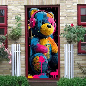 2pcs Colorful Graffiti Bear Wall Stickers Cartoon Music Headphone Bear Decorative Stickers for Bedroom Living Room Kids Room Kindergarten Self-Adhesive Removable Eco-Friendly PVC Wall Decals