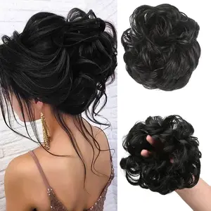 Large Messy Bun Hair Piece Wavy Curly Scrunchies Synthetic Chignon Ponytail Hair Extensions Thick Updo Hairpieces for Women Jet Black