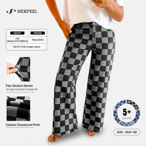 Sidefeel Women's Wide Leg Jeans High Waisted Stretchy Straight Leg Checkered Loose Denim Pants Fall Outfit
