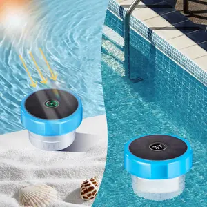 Pool Chlorine Floater with Temperature Display, Floating Chlorine Dispenser Fit for 1" and 3" Tablets Solar Charging,Anti-Sinking Dispenser for Pond Spa Hot Tub Floating Opening Blue