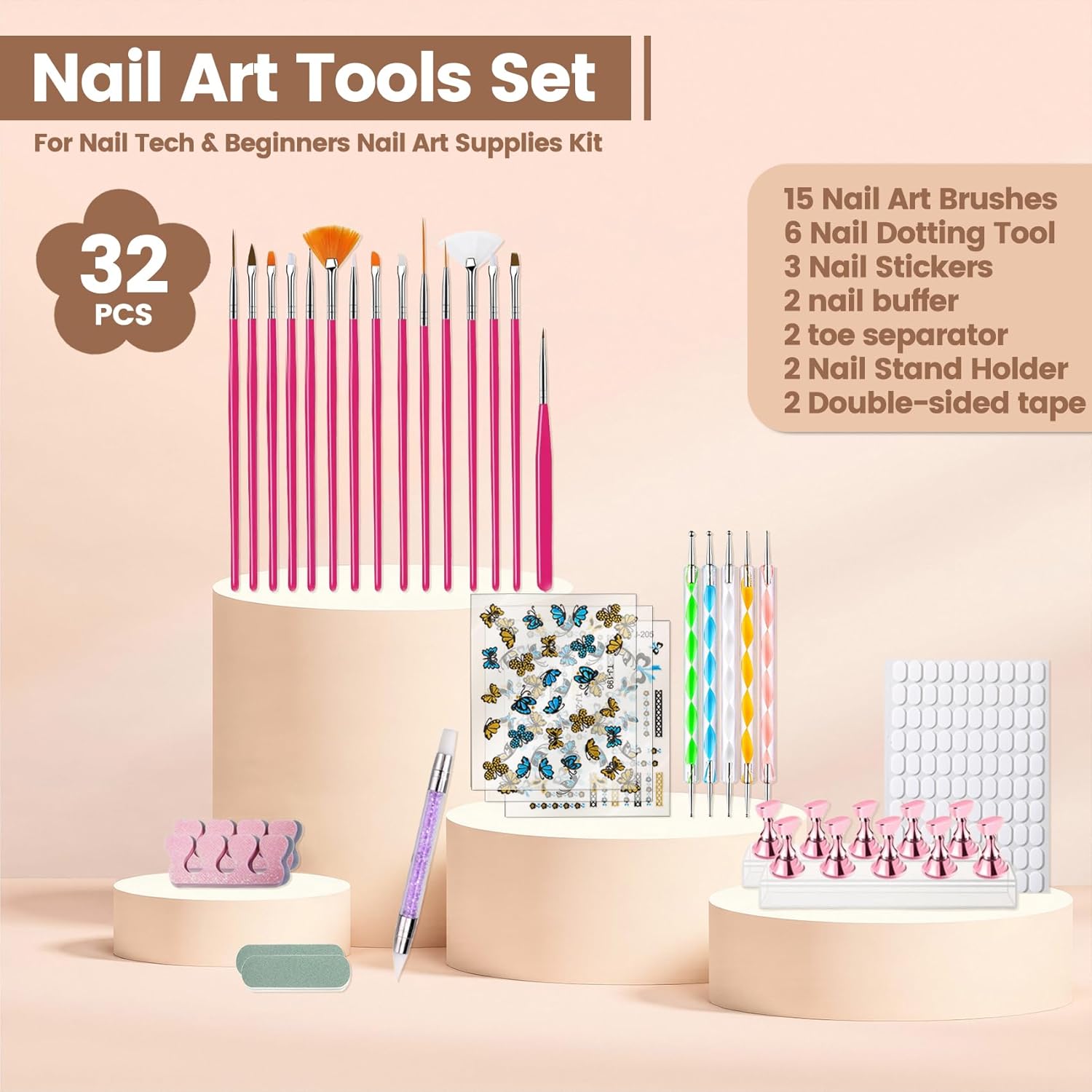 Nail Art Tools Set, 15 Nail Art Brushes 6 Nail Dotting Tool 3 Nail Stickers 2nail buffer 2 toe separator with Nail Stand Holder for Nail Tech & Beginners Nail Art Supplies Kit (Pink)