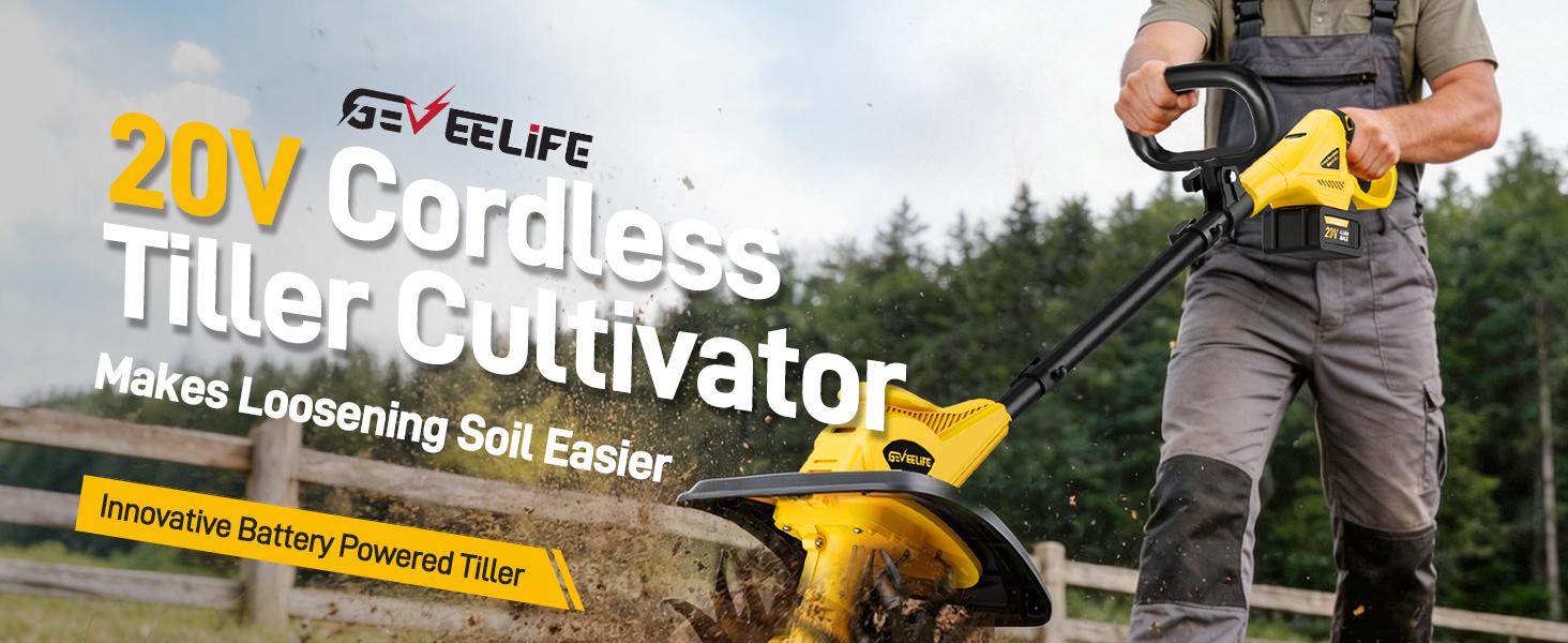 GEVEELIFE 20V Cordless Tiller Cultivator, 2×4.0Ah Battery Powered Rototiller, 12" Tilling Width, 8" Depth, 360RPM Garden Tiller, Electric Tiller for Gardening, Lawn & Soil Cultivation