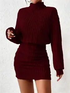 Women's Plain Solid Basic Soft High Neck Knit Dress, Elegant Long Sleeve Short Winter, Casual Loose-Fitting Daily Wear for Spring & Fall