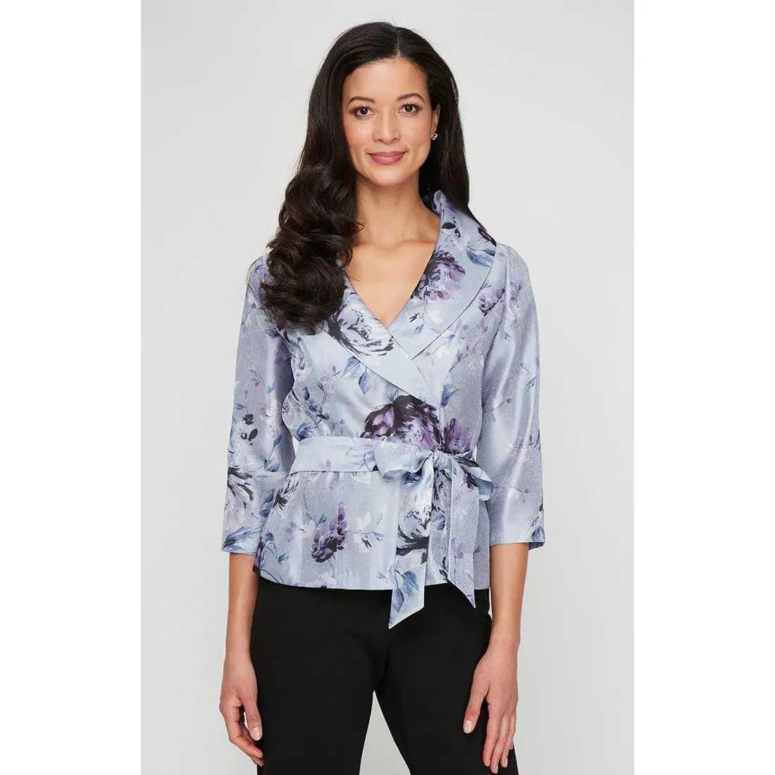3/4 Sleeve Printed Organza Blouse with Portrait Collar and Tie Belt