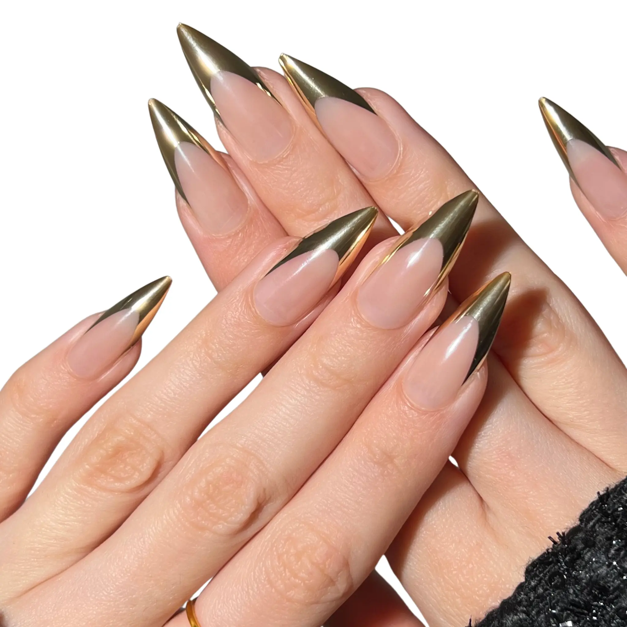 PaintLab Gold Chrome Stiletto Press On Nails - Metallic Gold Long Fake Nails, 30 Nails in 15 Sizes with Glue, Press-On Nails