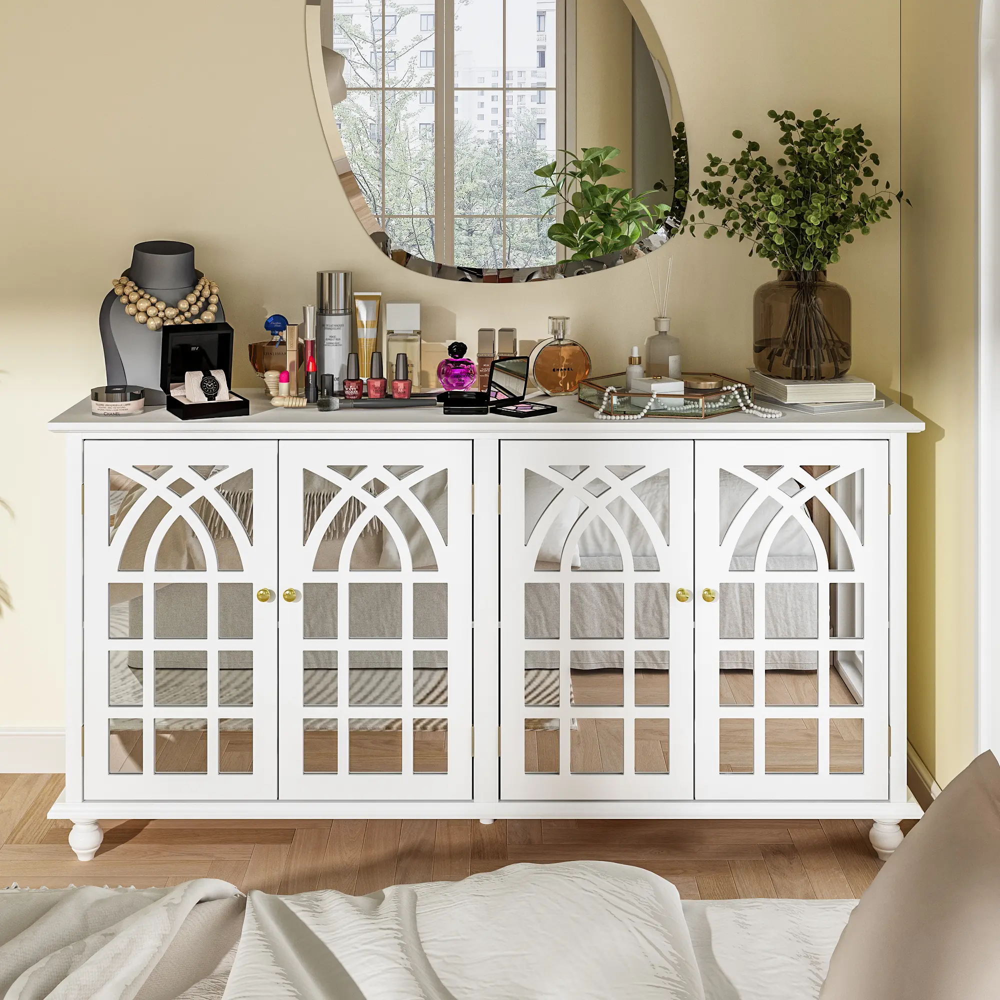 FUFU&GAGA Sideboard Buffet Cabinet with 4 Storage Compartments & 4 Carved Mirror Doors, Kitchen Console Table Storage Cabinet Coffee Bar Accent Cabinet for Living Room, Hallway, White Furniture Design