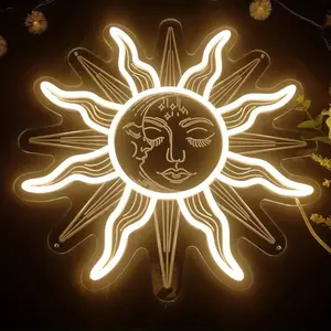 USB Powered Plastic Neon Light, Bohemian Sun and Moon Design, Retro LED Sunflower with Switch, Wall Decor for Bedroom and Living Room