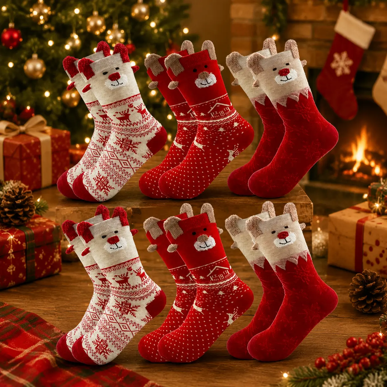 6 Pairs Christmas Bear Socks for Adults, Cute  Snowflake & Reindeer Ear Cartoon Socks, Cozy Warm Winter Crew Socks, Perfect for Holiday Parties, Everyday Wear & Family Christmas Gifts