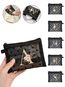 Heart Shaped Transparent Mini Mesh Bag, Towel Embroidery Initial Letters A-Z, Portable Cosmetic Bag, Multi Functional Travel Portable Bag, Lipstick Skincare Storage Makeup Bag, Travel Makeup Storage Bag, Washing Bag, Suitable For Travel, Business