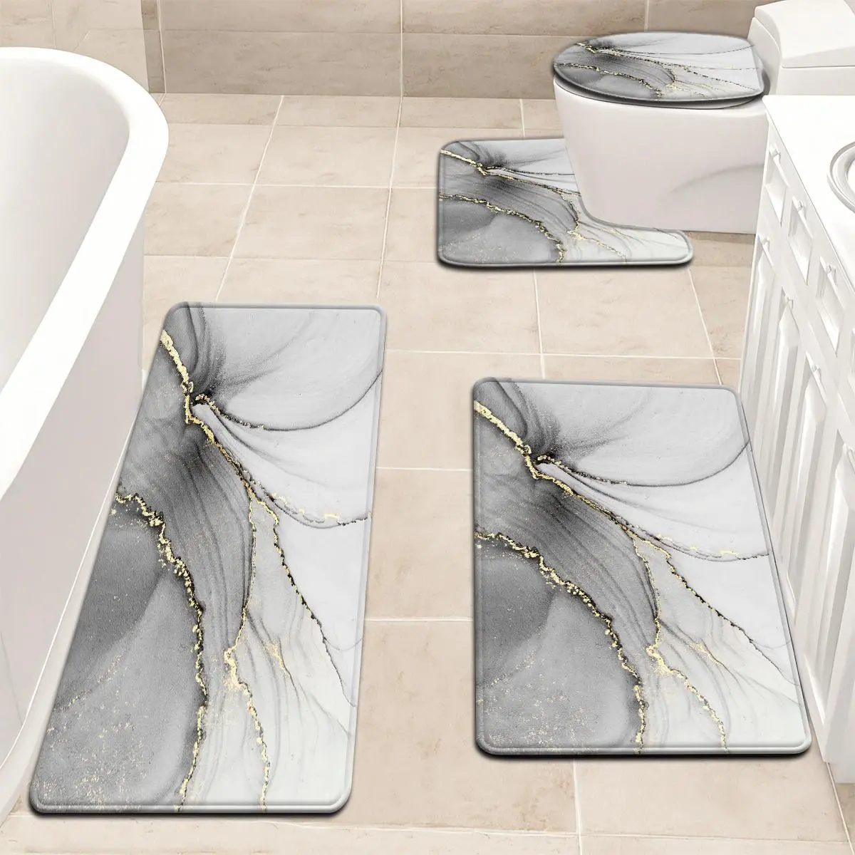 Gray “Liquid Gold” Marble-Patterned Bathroom Mat 4-Piece Set, Includes Toilet Seat Cover, Bath Mat, Bathroom Decor, U-Shaped Floor Mat, and Flannel Shower Mat