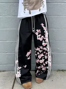 Men's Striped Pants with Cherry Branch Print, Floral Street Style Outdoor Casual Wear, Party Fashion Trendy Vintage Comfortable Spring Fall