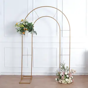 8ft Tall Gold Metal Round Top Double Arch Wedding Arbor Ceremony Stand, Flower Balloon Frame Backdrop Stand
