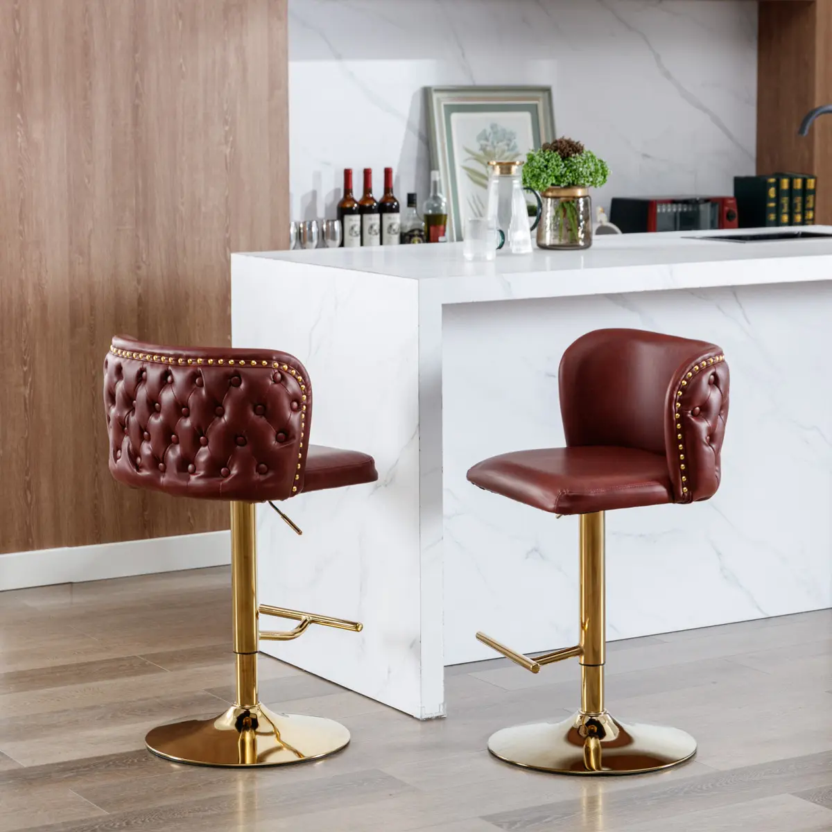 Set of 2 Armless Modern PU Leather Swivel Barstools - Adjustable Height, Full Back Tufted, 18.1x19.0x42.9in Indoor Home Bar Kitchen Island Chairs, Single Box, Customized Service (Wine Red, Burgundy), Set Of Two