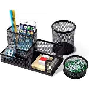 Mesh Pen Holder Desk Organizers Set 3 Compartments with Pen Cup Paper Clip Holder, Ideal Office School Supplies, 3 Pack Black