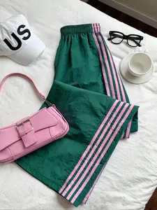 Retro Sport Style and Block Wide Leg Pants, Loose Fit Elegant Drawstring Casual Trousers for Street Fashion, Athleisure Pants, Sports Casual Pants